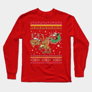 Santa Claus T Rex Reindeer Sleigh Ugly Christmas Sweater Pattern Long Sleeve T-Shirt